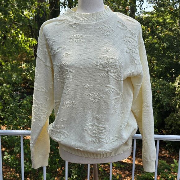 American Weekend Womens Vtg White Beige Chunky Knit Floral Rose Sweater S/M*Read - Picture 1 of 5